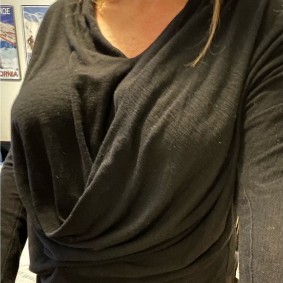Jolie Tops - Jolie sweater rounded v-neck w/ drape in center very lightweight heathered black